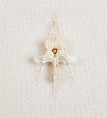 Rozanne Hawksley,Look on small beautiful things I, 2008-13, Stitched bone assemblage	
 H130 x W115 x D20 mm	
                             
