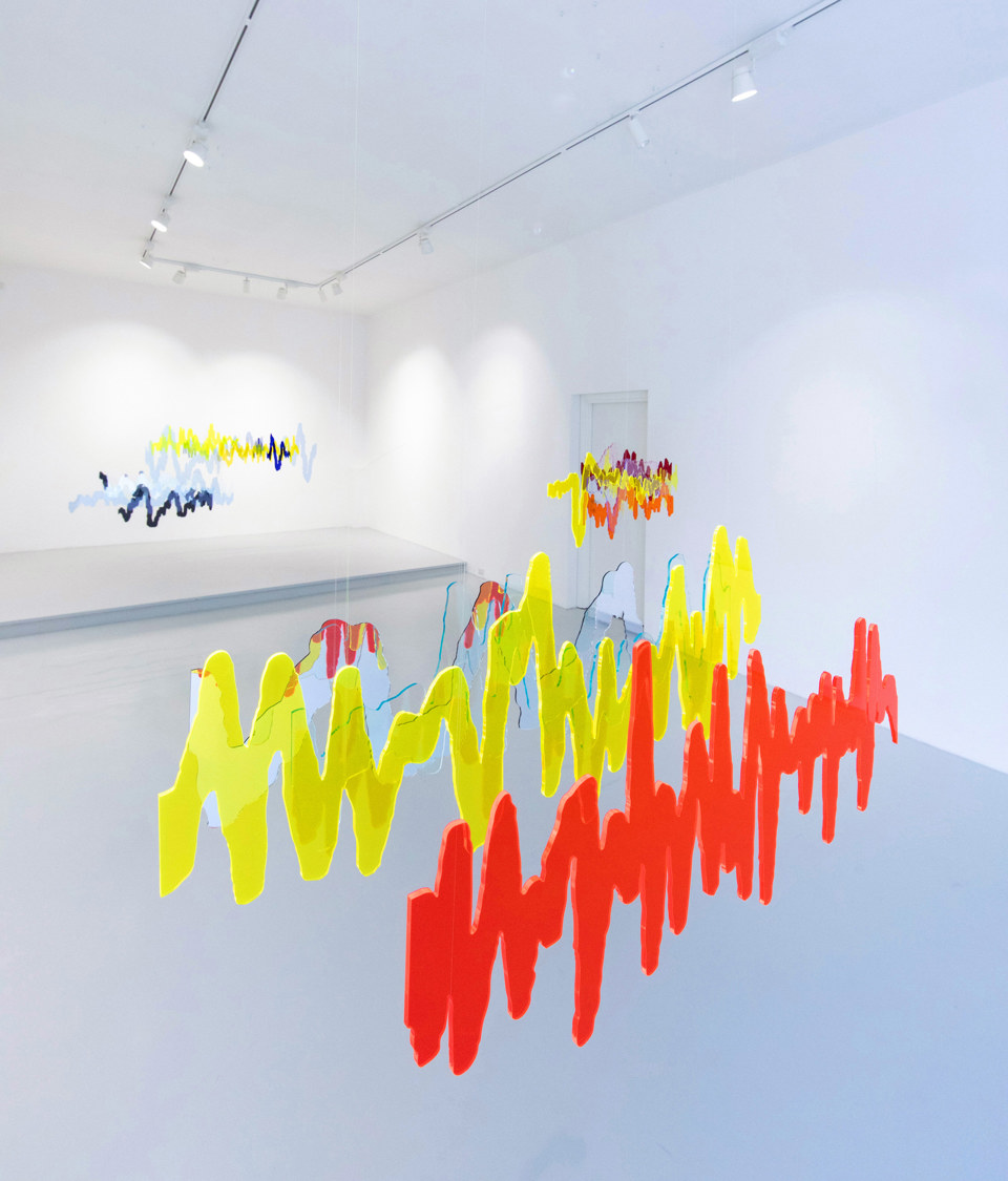 Maria Teresa Ortoleva, Electric Lullaby, Site-specific installation, private collection, 2018, Plexiglass, group of 10 unique elements, H800 mm x W2500 mm x D800 mm. Thoughtscapes - Maria Teresa Ortoleva - Artist in Focus - September 2022G