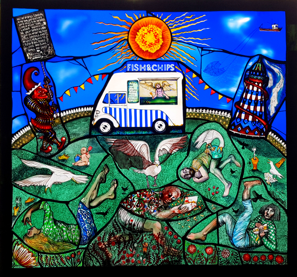 Pinkie Maclure, Fish & Chips, 2020, stained glass light box backlit with LEDs, H720 mm x W820 x D50 mm. Allegorical Power - Artist in Focus - Pinkie Maclure - February 2024