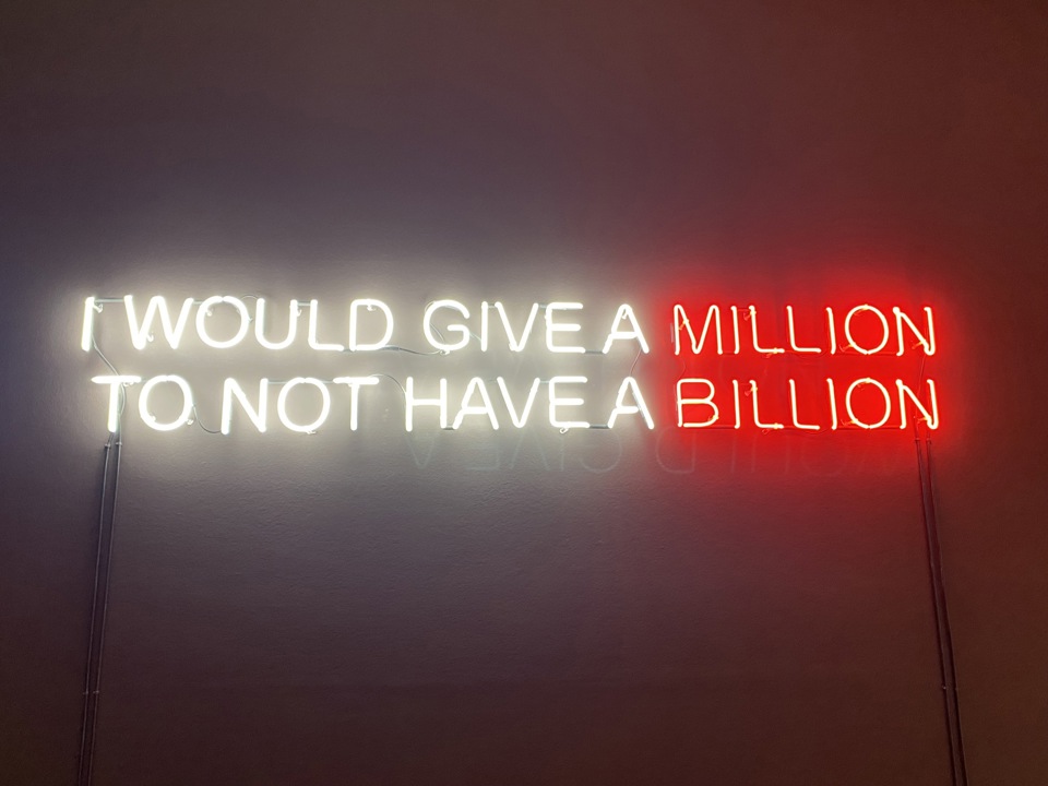 Mukesh Shah, Million Billion, 2025, neon tubing and transformer, H330mm x W2100 mm. Million Billion - Mukesh Shah - Artist in Focus - August 2026